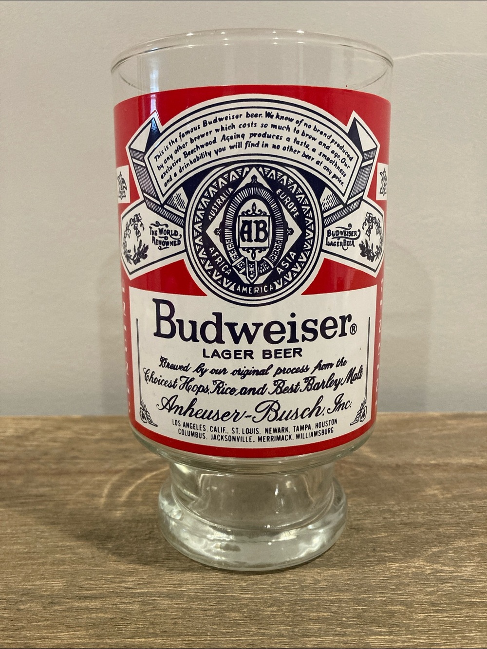 Vintage 1970’s 32oz Budweiser Pedestal White and Red Logo Pub Glass